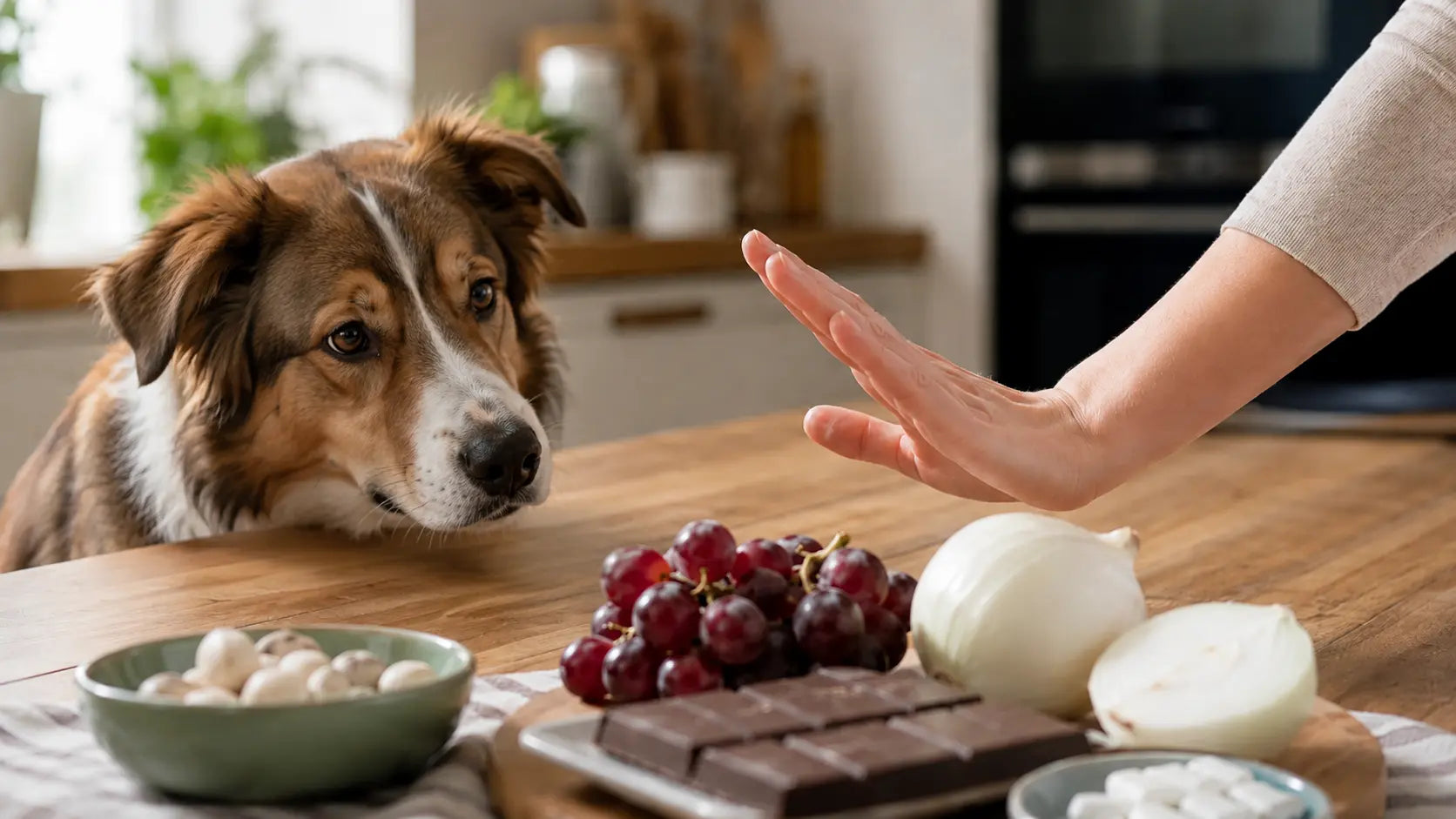 Perro mirando alimentos prohibidos para su ingesta