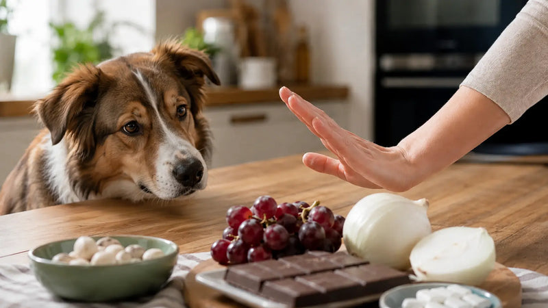 Perro mirando alimentos prohibidos para su ingesta