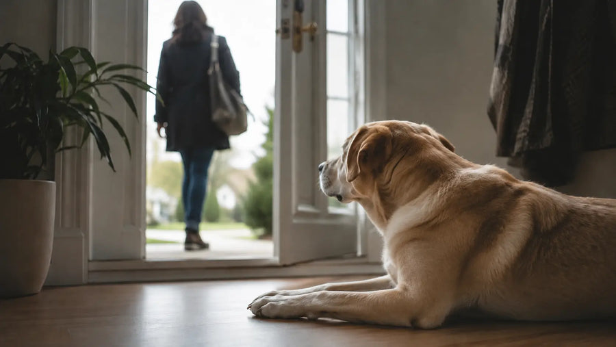Perro tranquilo descansando solo en casa durante un entrenamiento de separación