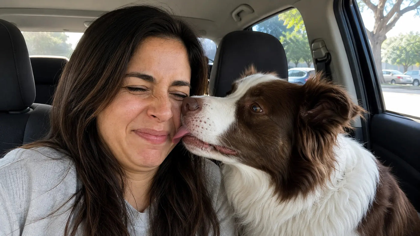 Perro con mal aliento besando a su tutora en la cara dentro de un auto