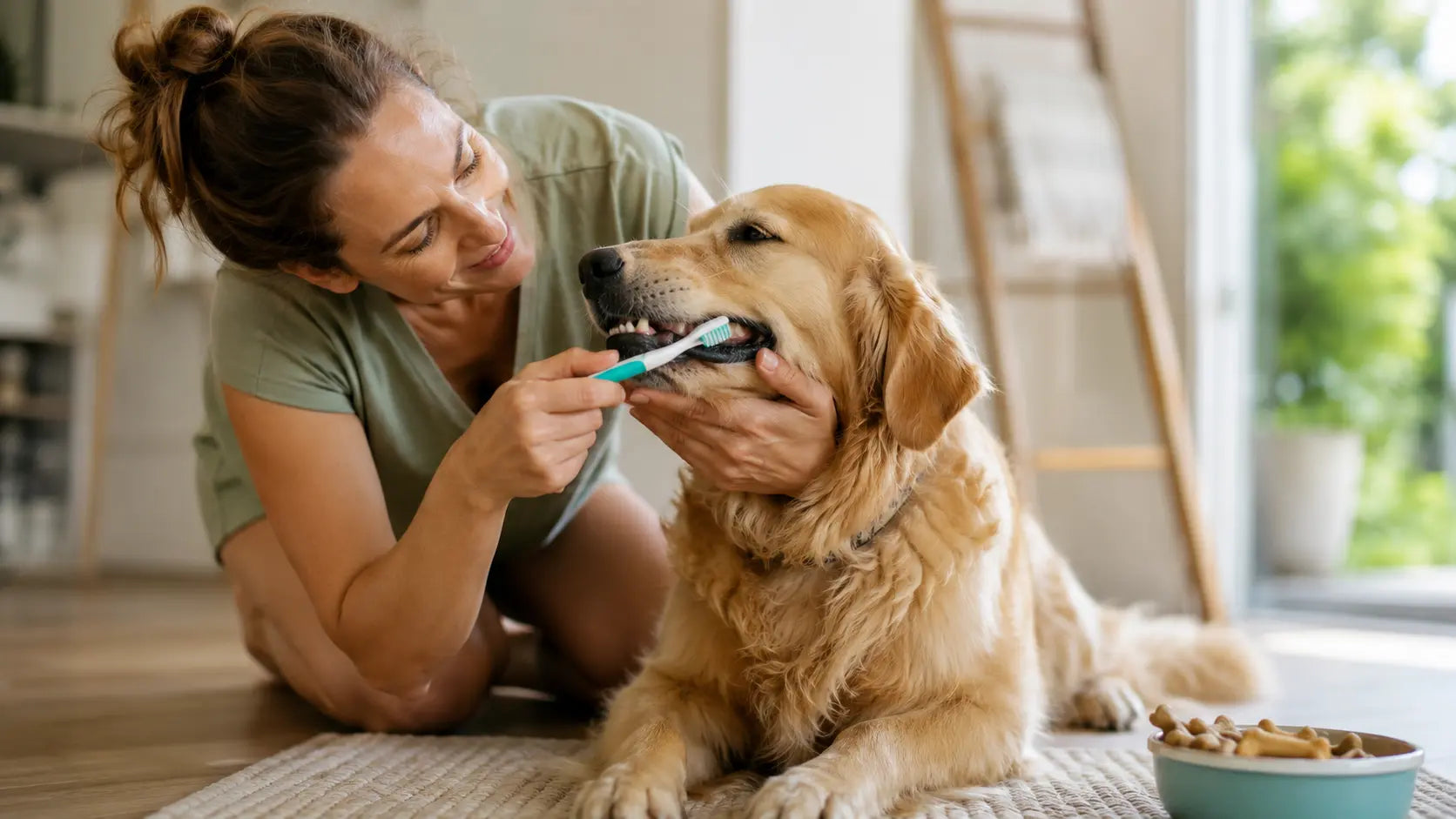 Mujer cepillando dientes de su perro labrador