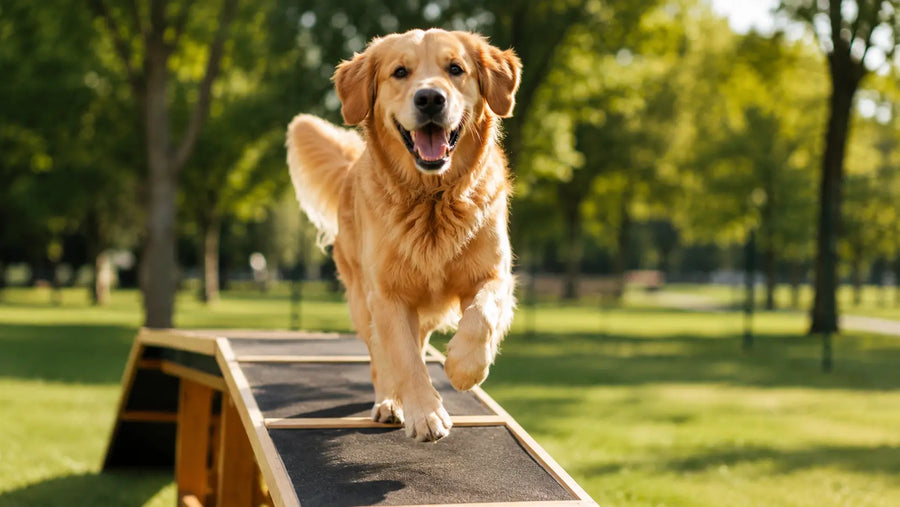 Perro de raza golden retriever feliz jugando en un parque