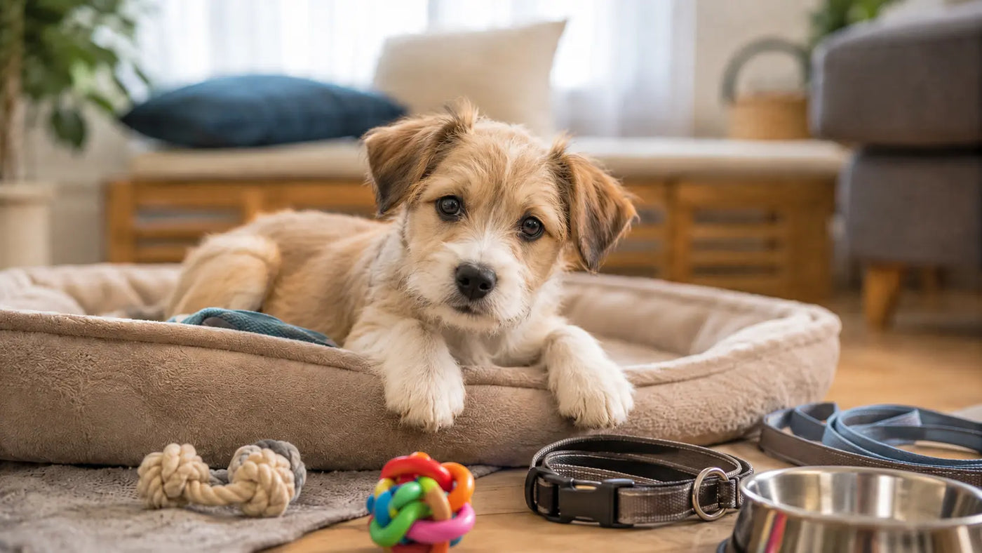 Cachorro explorando su espacio seguro durante sus primeros días en casa