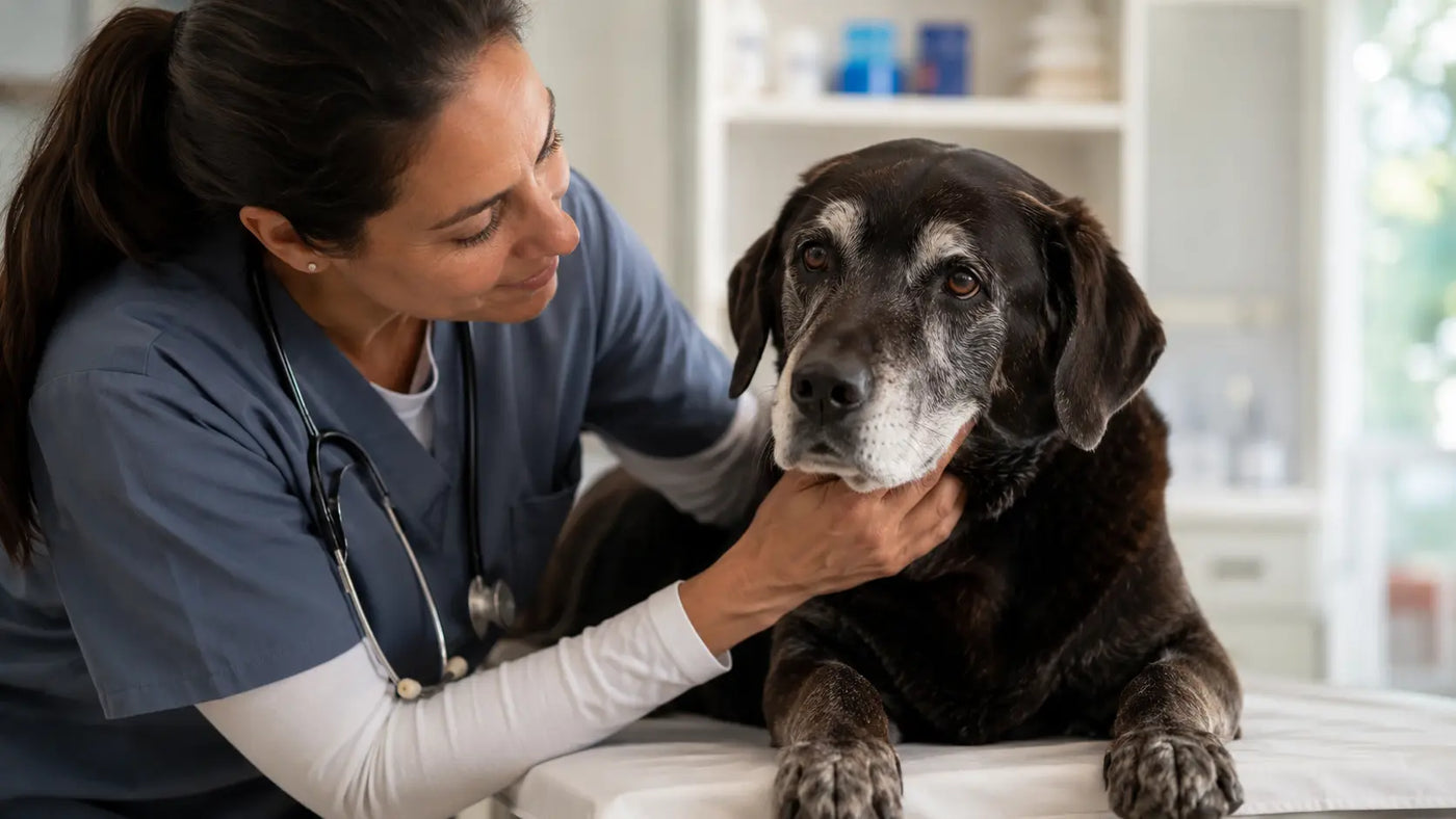 Perro viejo o longevo en consulta veterinaria