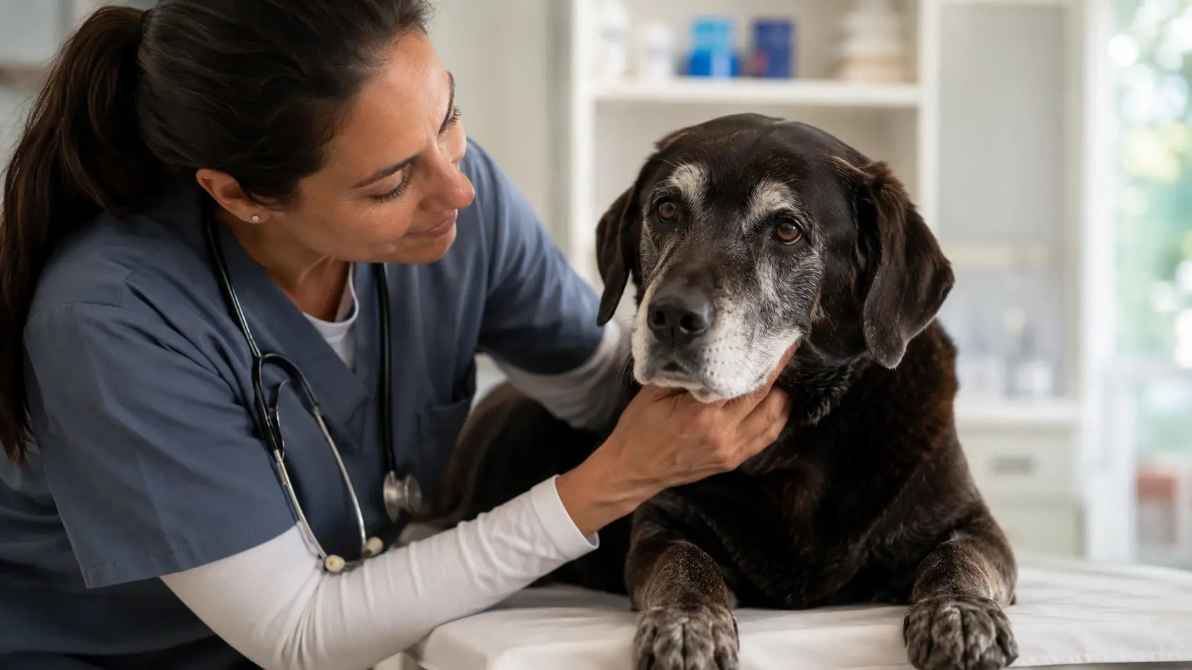 Perro viejo o longevo en consulta veterinaria