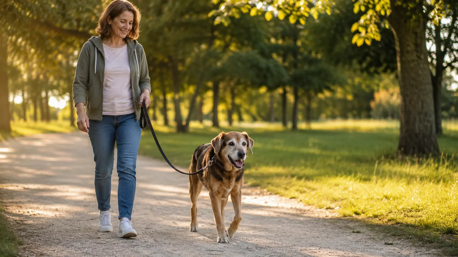 Perro senior caminando con calma junto a su tutor en un sendero plano
