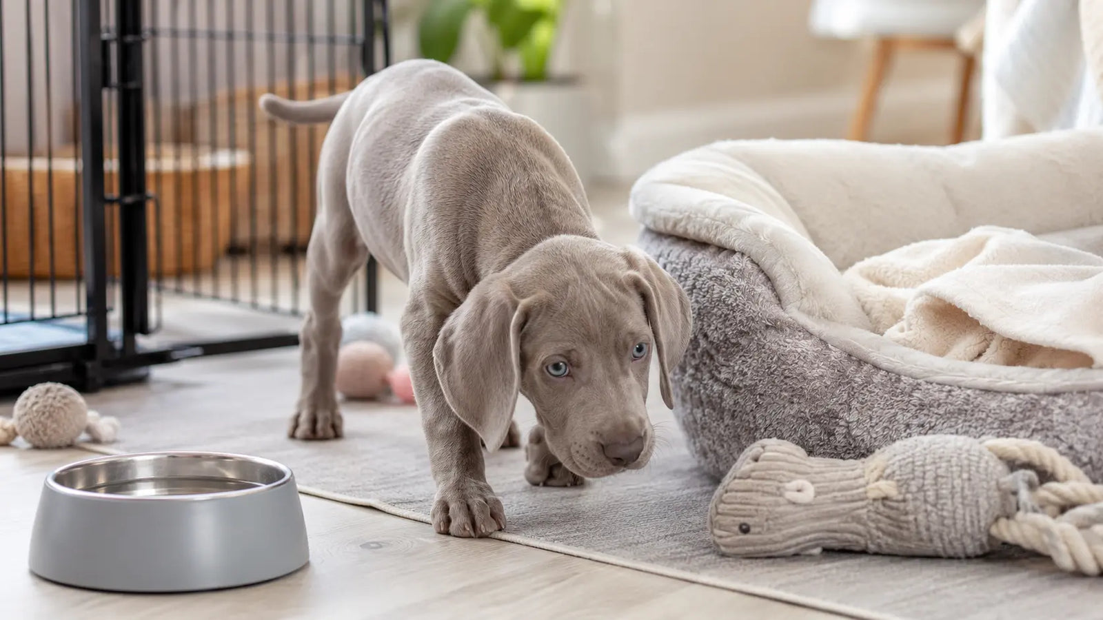 Perro cachorro raza weimaraner explorando su nuevo hogar