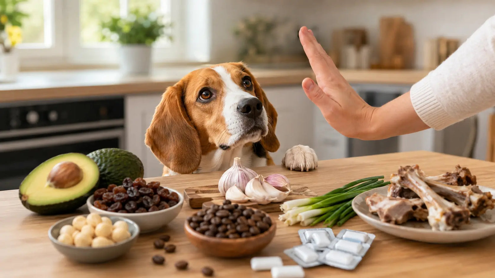 Perro de raza beagle parado en dos patas viendo los alimentos prohibidos que no debe comer