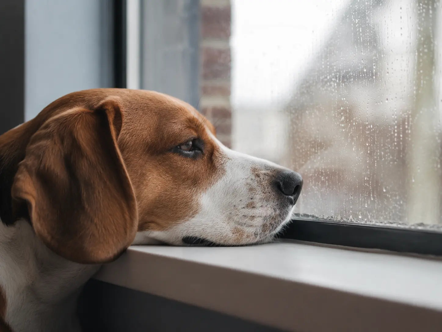 Perro triste mirando por la ventana