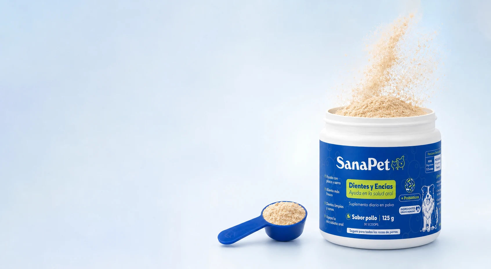 Pote SanaPet dientes y encías con scoop de suplemento para salud oral canina