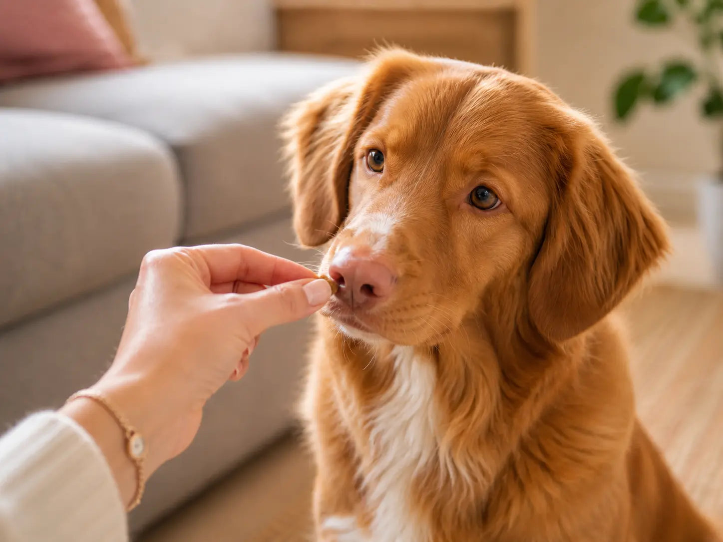 Mano de mujer premiando a perro adulto colo café 