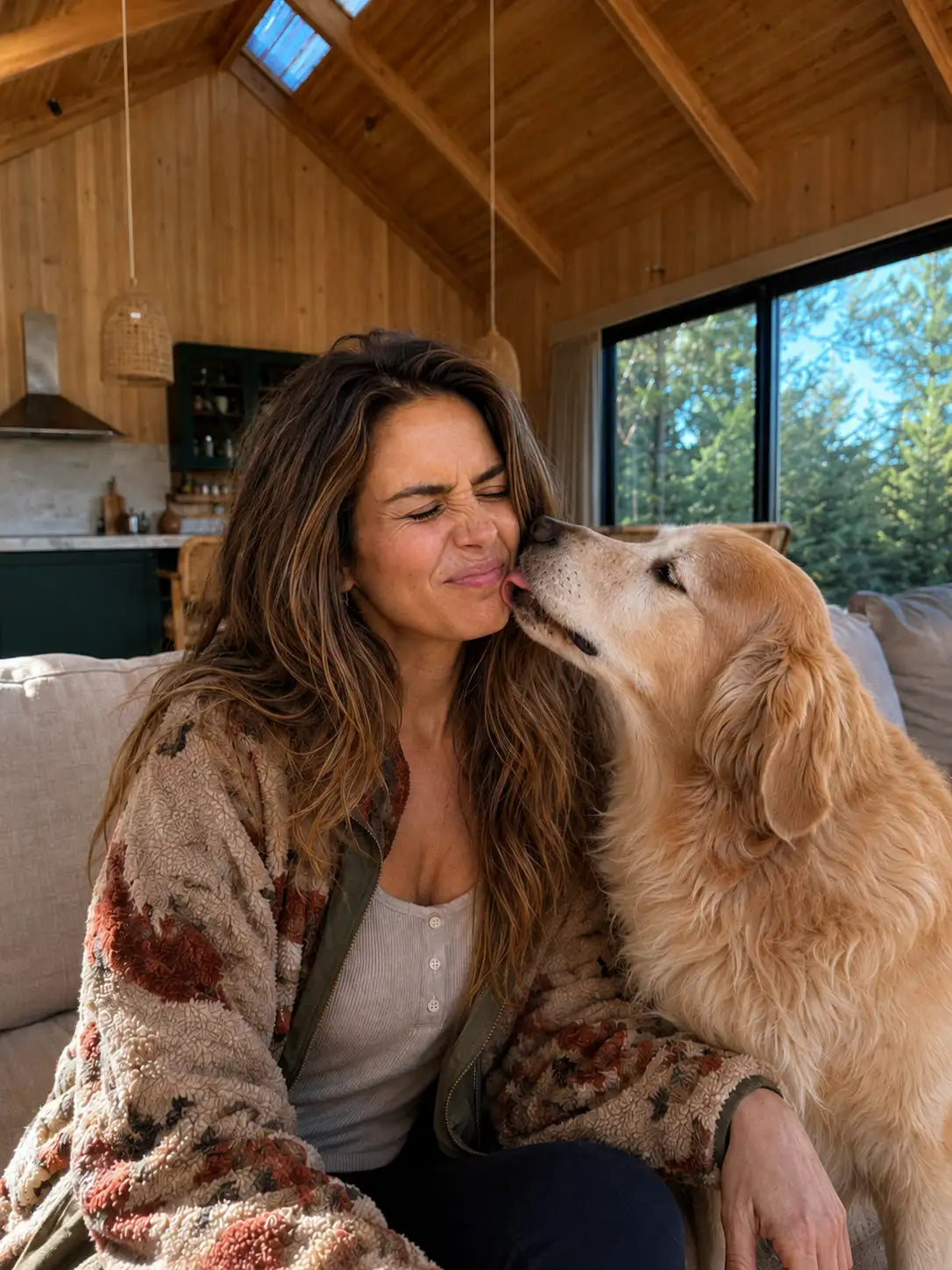 Beso de perro con mal aliento a su tutora.