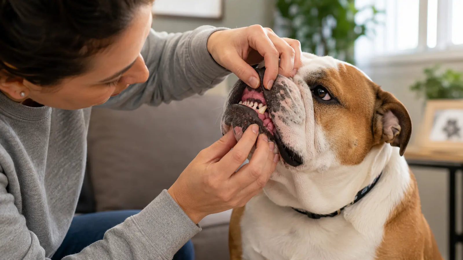 Tutora revisando los dientes de su perro Bulldog